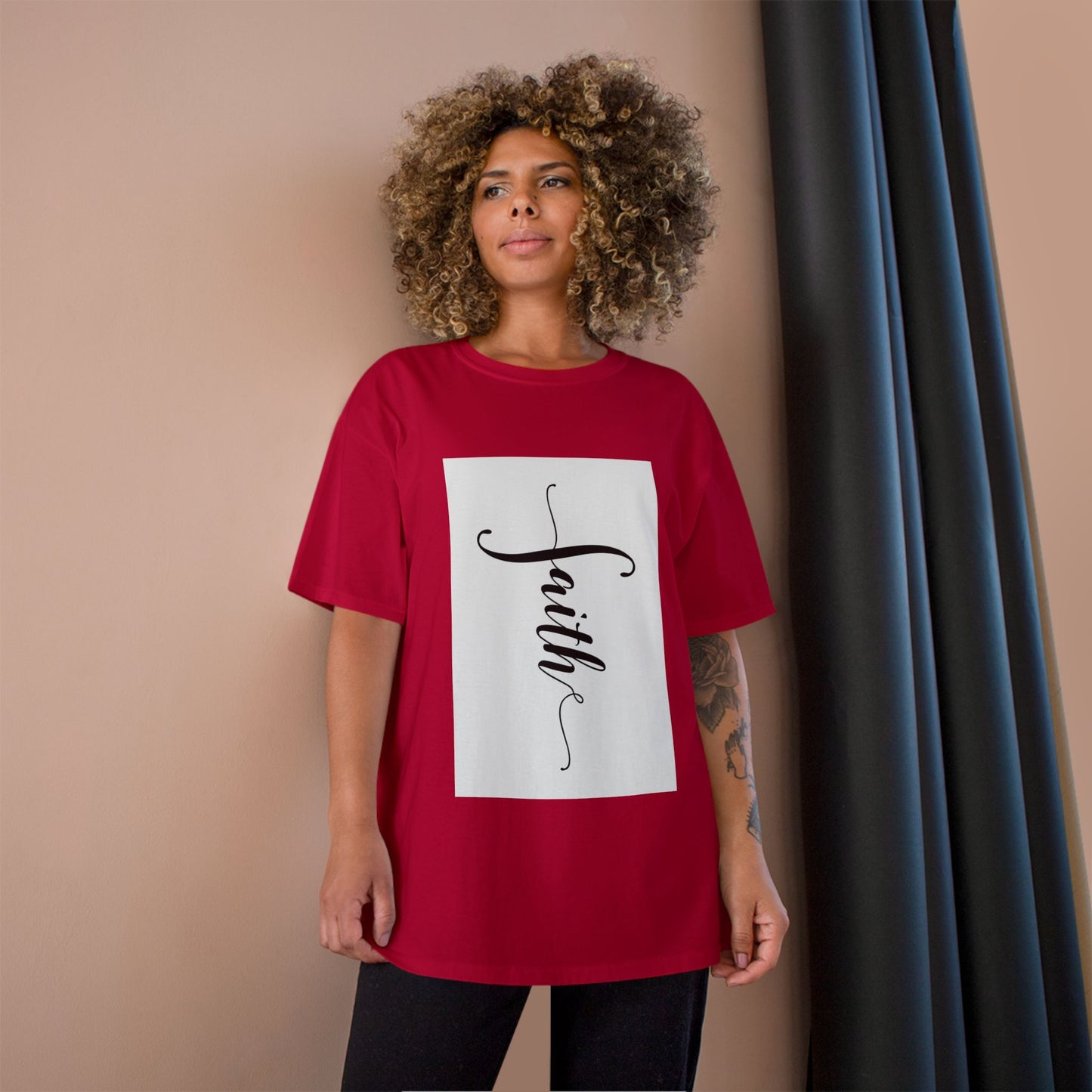 Faith Script Champion T-Shirt — Vertical Handlettered Inspirational Tee