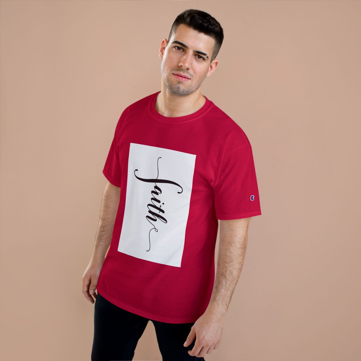Faith Script Champion T-Shirt — Vertical Handlettered Inspirational Tee
