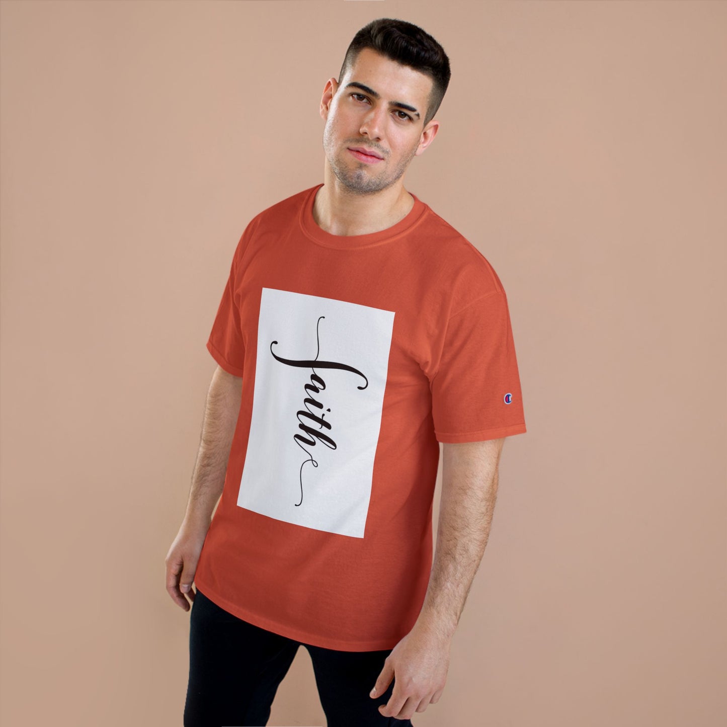Faith Script Champion T-Shirt — Vertical Handlettered Inspirational Tee