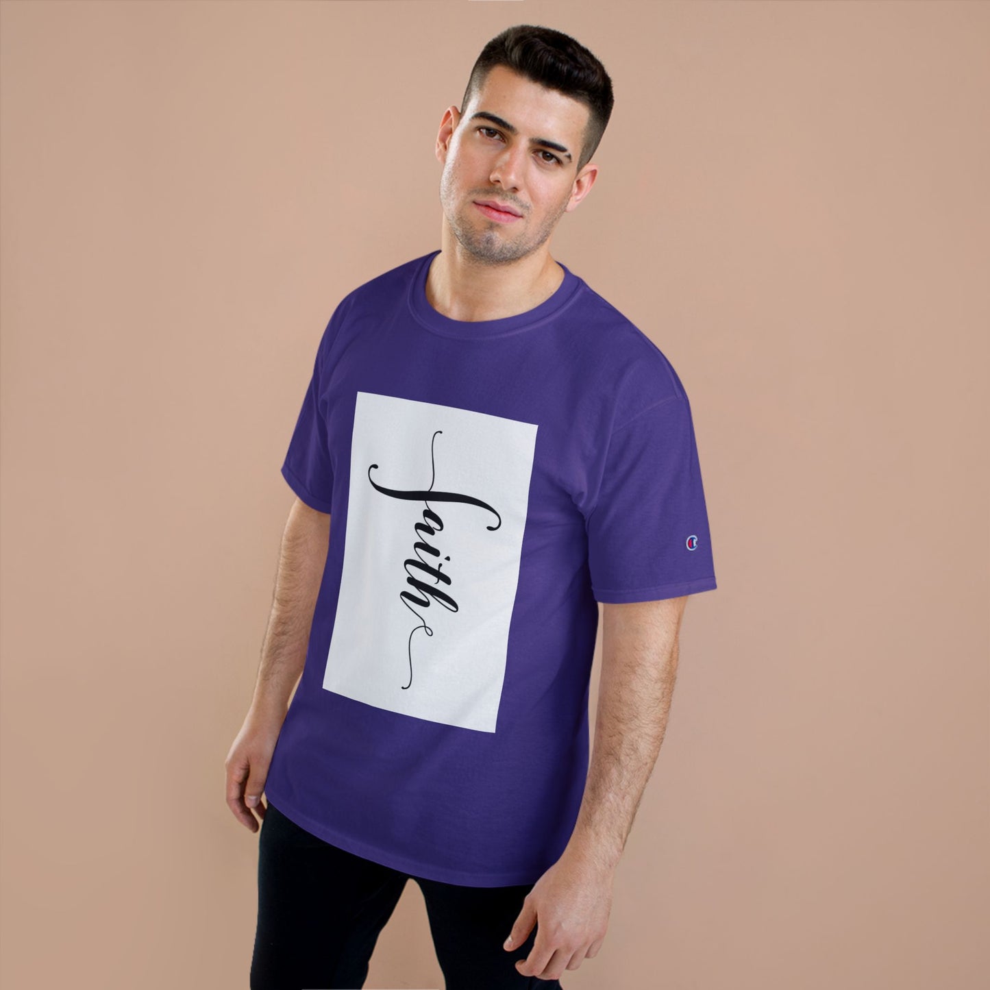 Faith Script Champion T-Shirt — Vertical Handlettered Inspirational Tee
