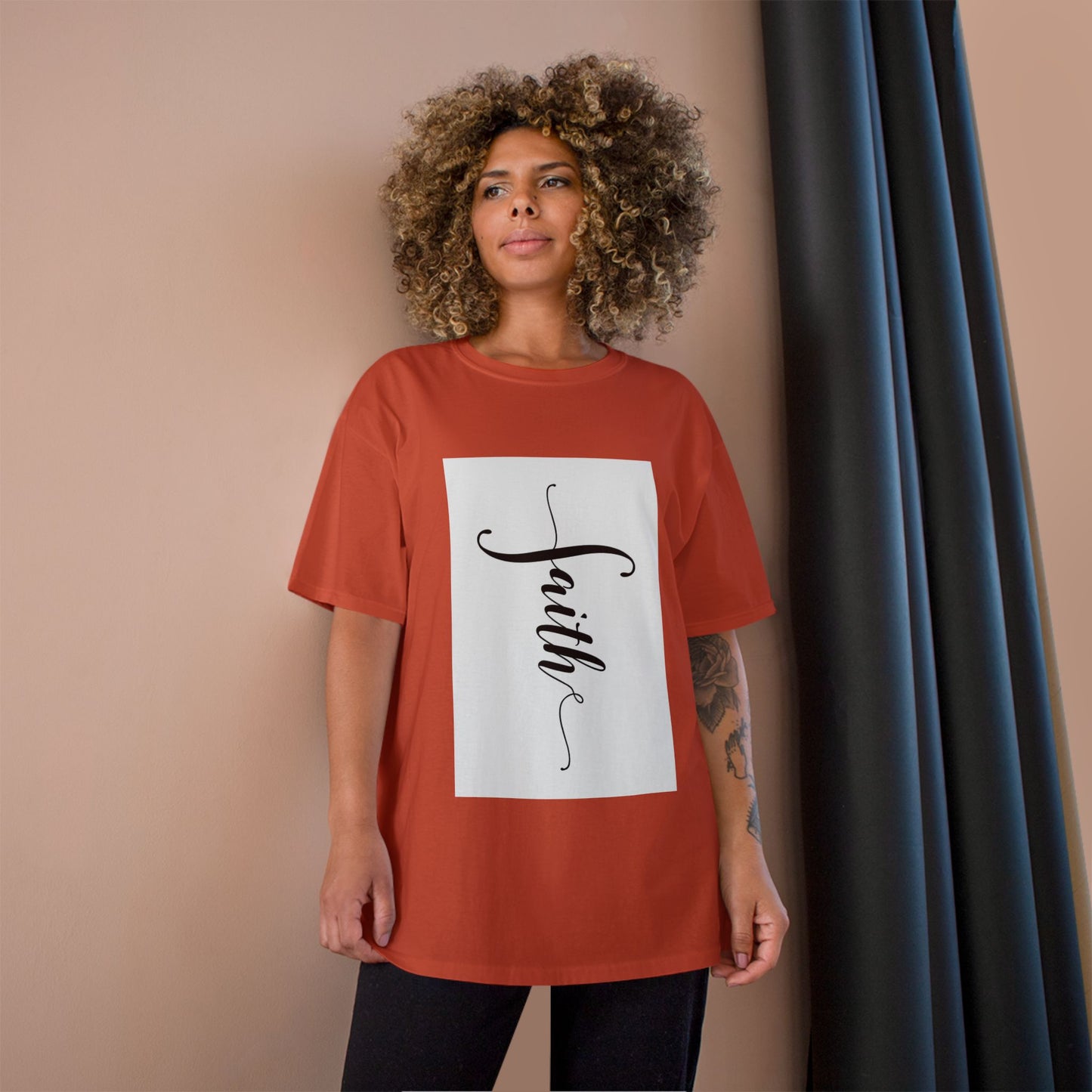Faith Script Champion T-Shirt — Vertical Handlettered Inspirational Tee