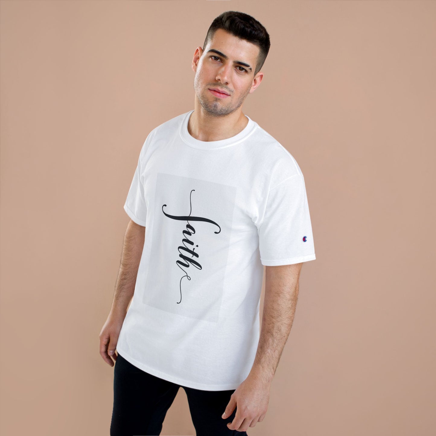 Faith Script Champion T-Shirt — Vertical Handlettered Inspirational Tee